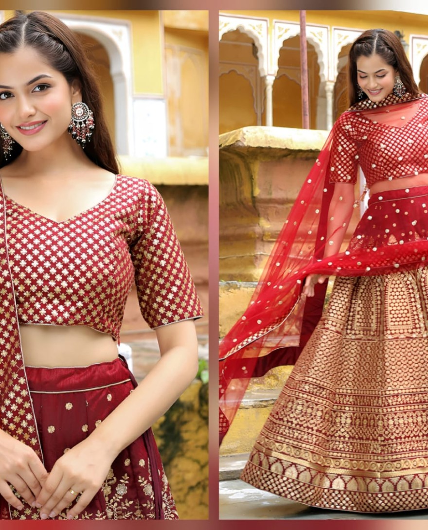 17409 - Beautiful Maroon Sequins Raw Silk Bridal Lehenga Choli With Dupatta